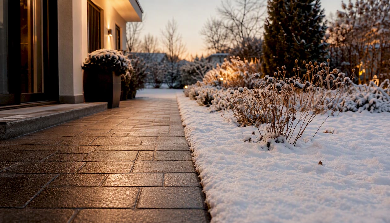 Im Winter geräumter Gehweg direkt am Blumenbeet entlang