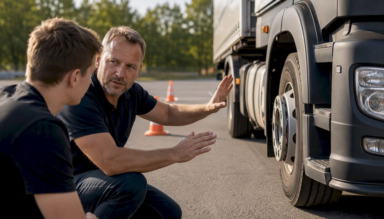 Ein Fahrlehrer zeigt einem Fahrschüler, wie man mit einem Lkw richtig rangiert und verschiedene Fahrmanöver sicher ausführt.