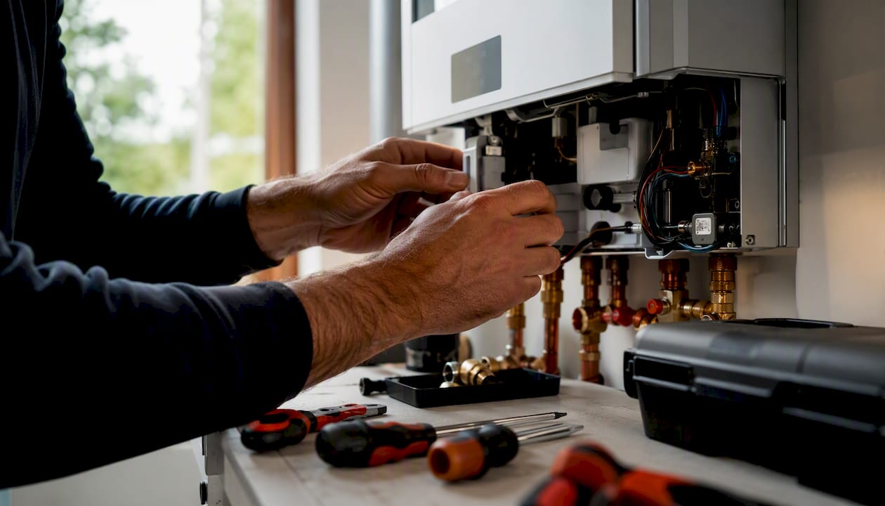 Ein Servicetechniker nimmt Einstellungen an der Heizungsanlage vor.