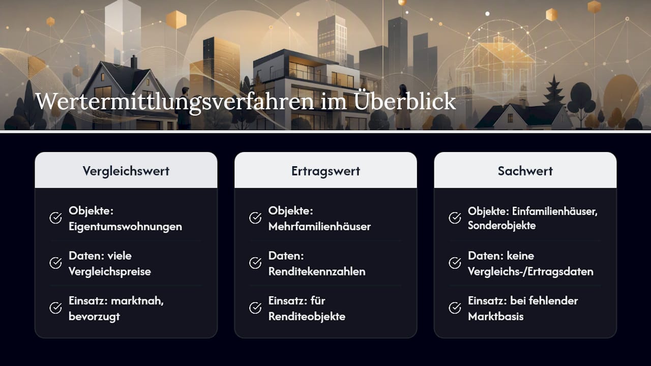 Übersichtsgrafik: Drei gängige Verfahren zur Immobilienbewertung im Vergleich