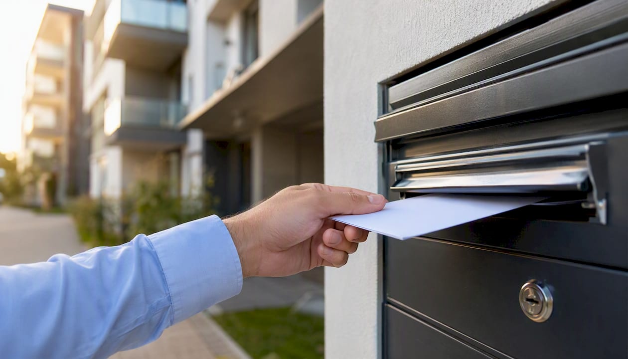 Eine Einladung wird per Hand in den Briefkasten eines Wohnhauses eingeworfen.