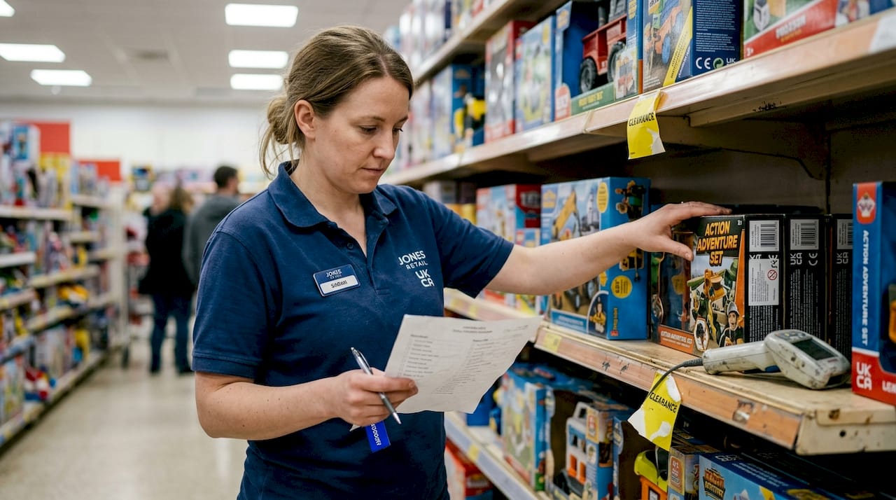 Retail worker sorting compliant toy boxes