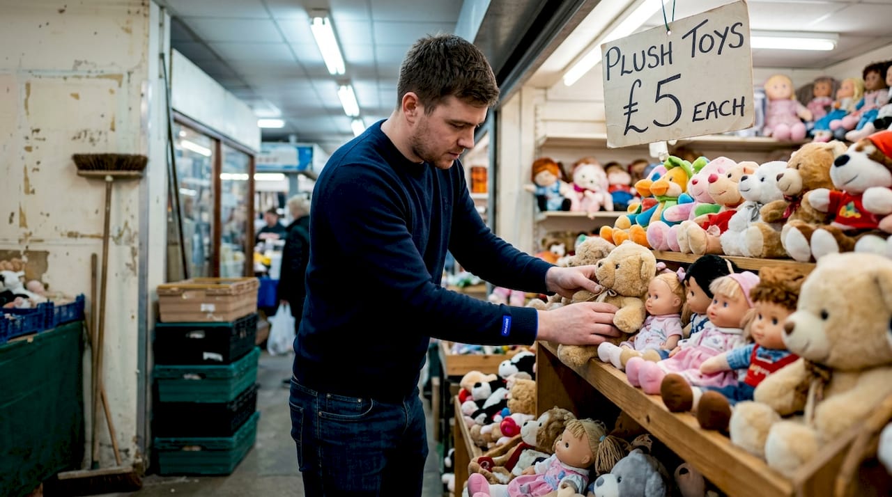 Vendor organizing shelf of toys at indoor market