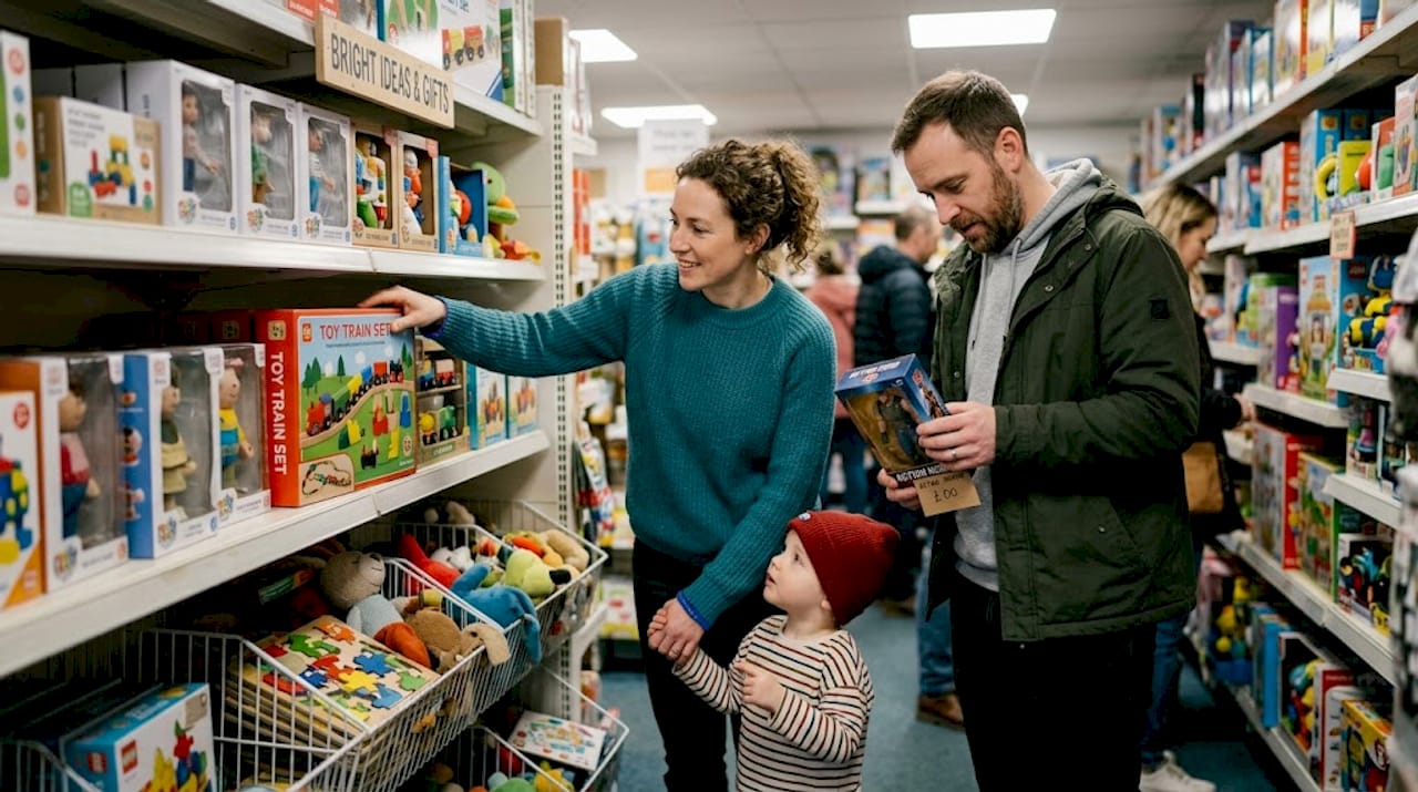 Parents and child browsing crowded toy store shelf