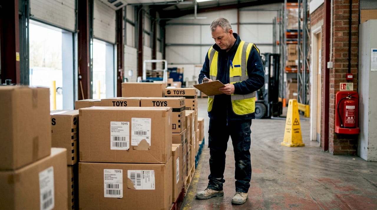 Warehouse manager checks imported toy boxes