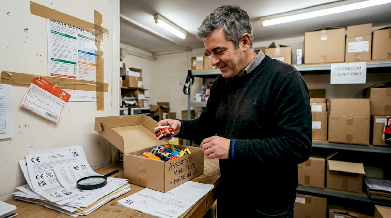 Shop owner checking toy safety paperwork