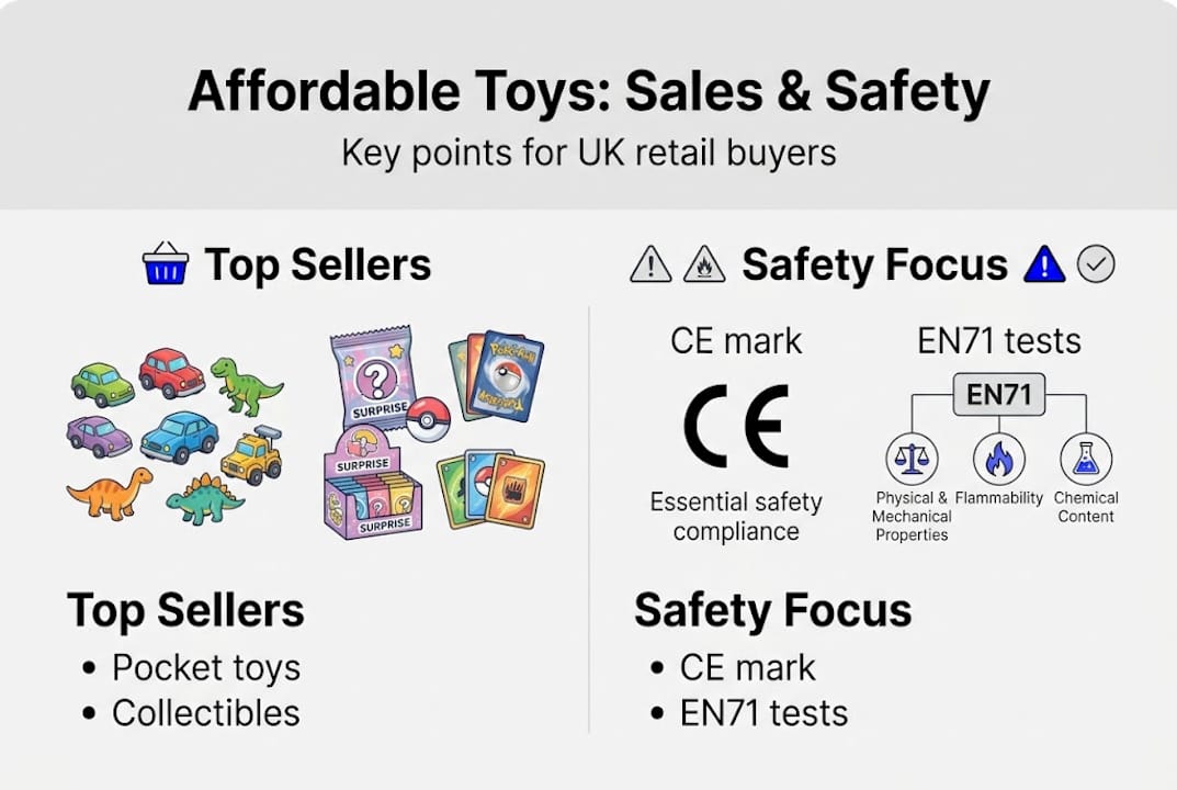 Infographic illustrating sales and safety for affordable toys