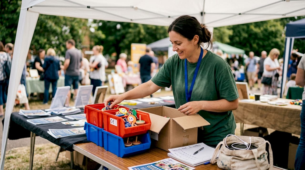 Market stall vendor organizes party toys