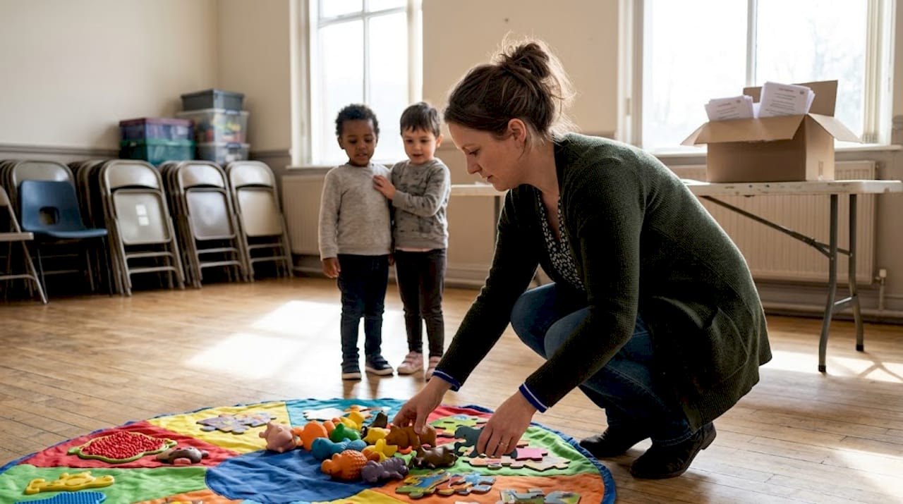 Adult arranging sensory toy area at party