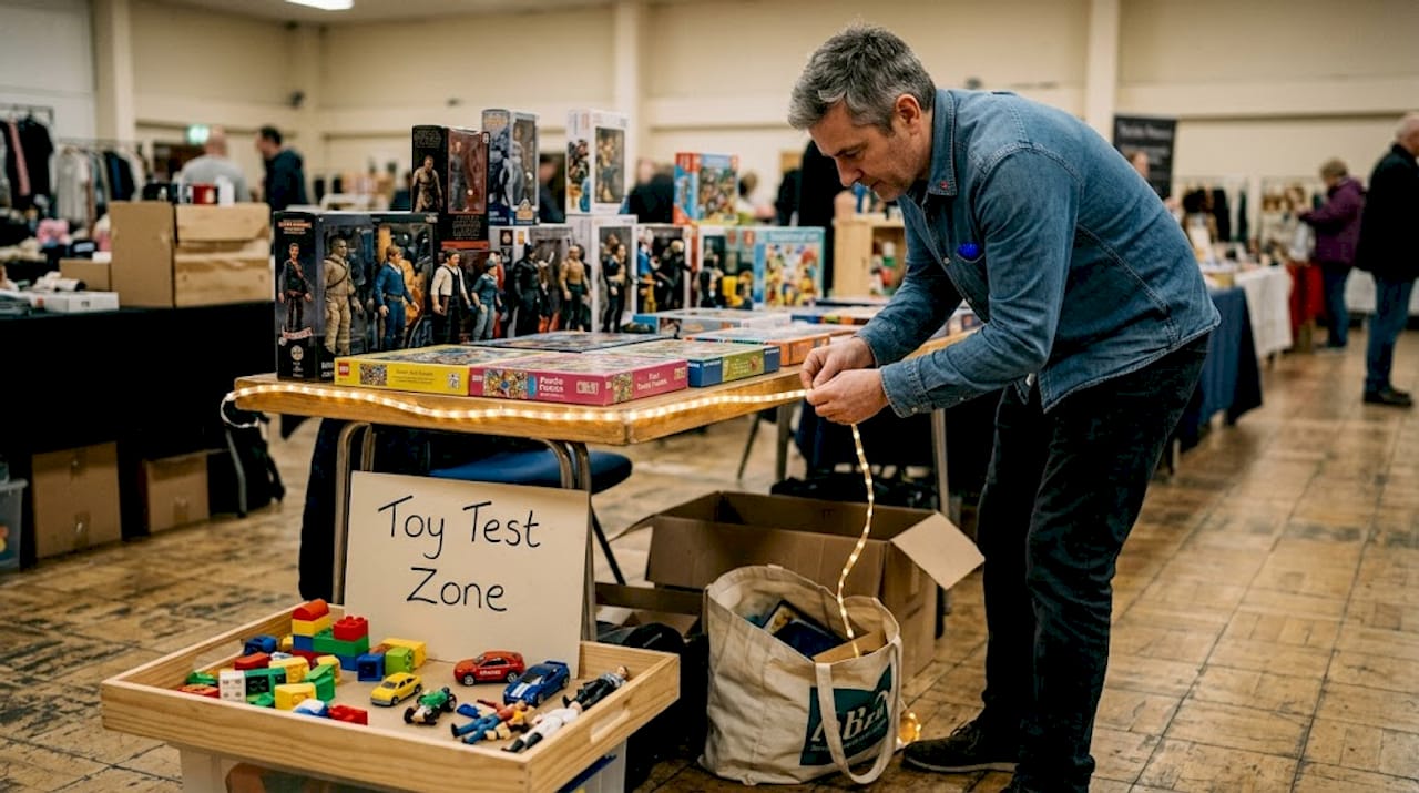 Vendor adding lighting and signage to toy stall