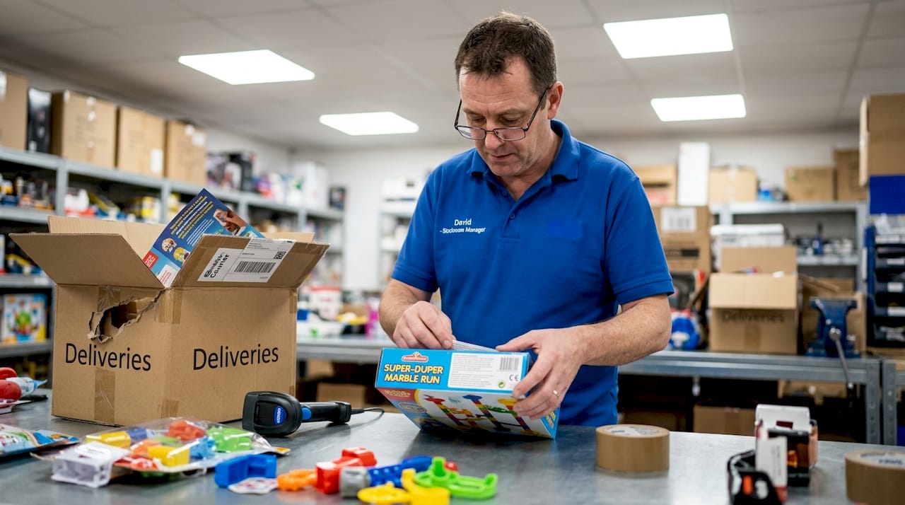 Retail worker examines toy packaging for safety