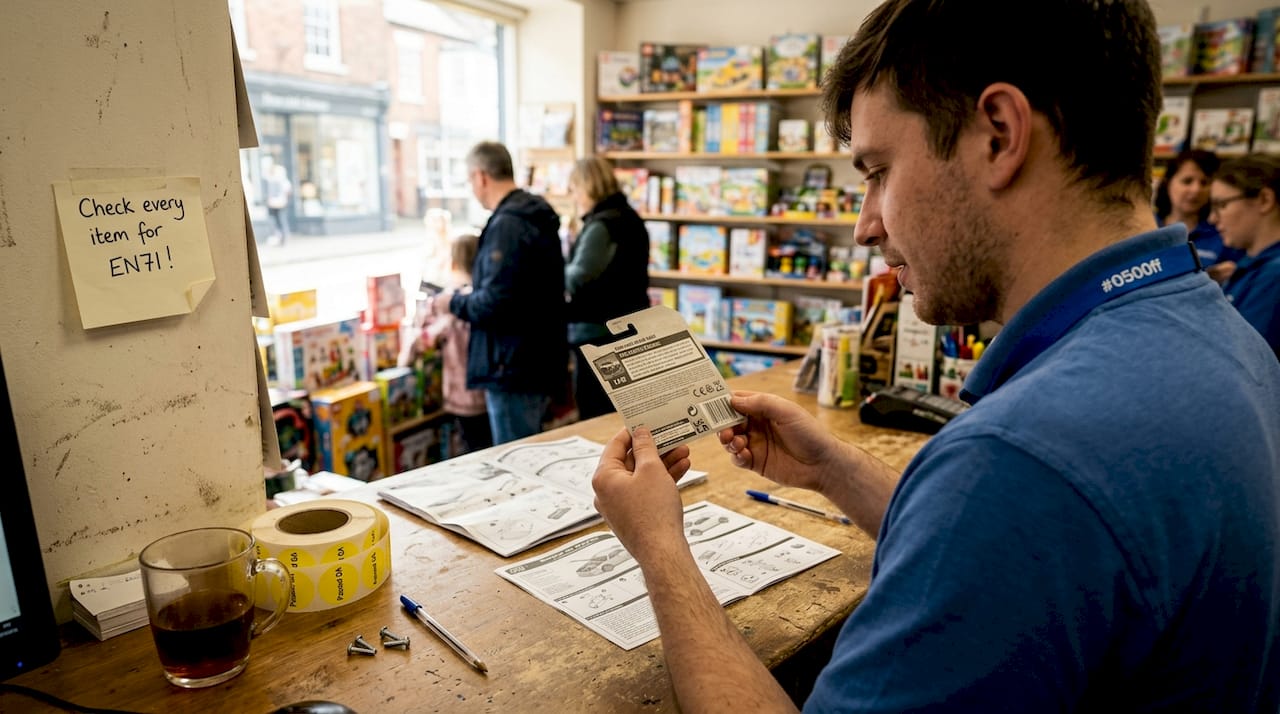 Shop assistant verifying UKCA mark on toy packaging