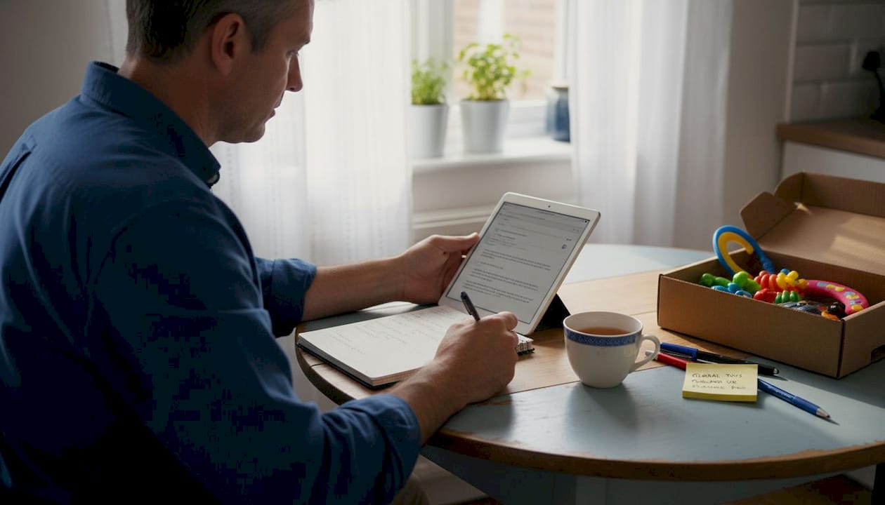 Man researching toy suppliers at home table
