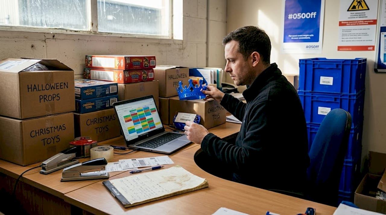 Logistics manager sorting seasonal toy supplies