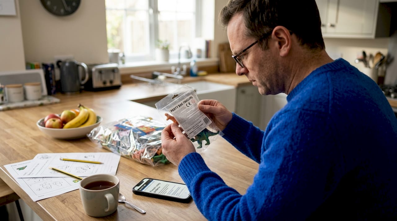 Parent reviewing toy packaging for safety compliance