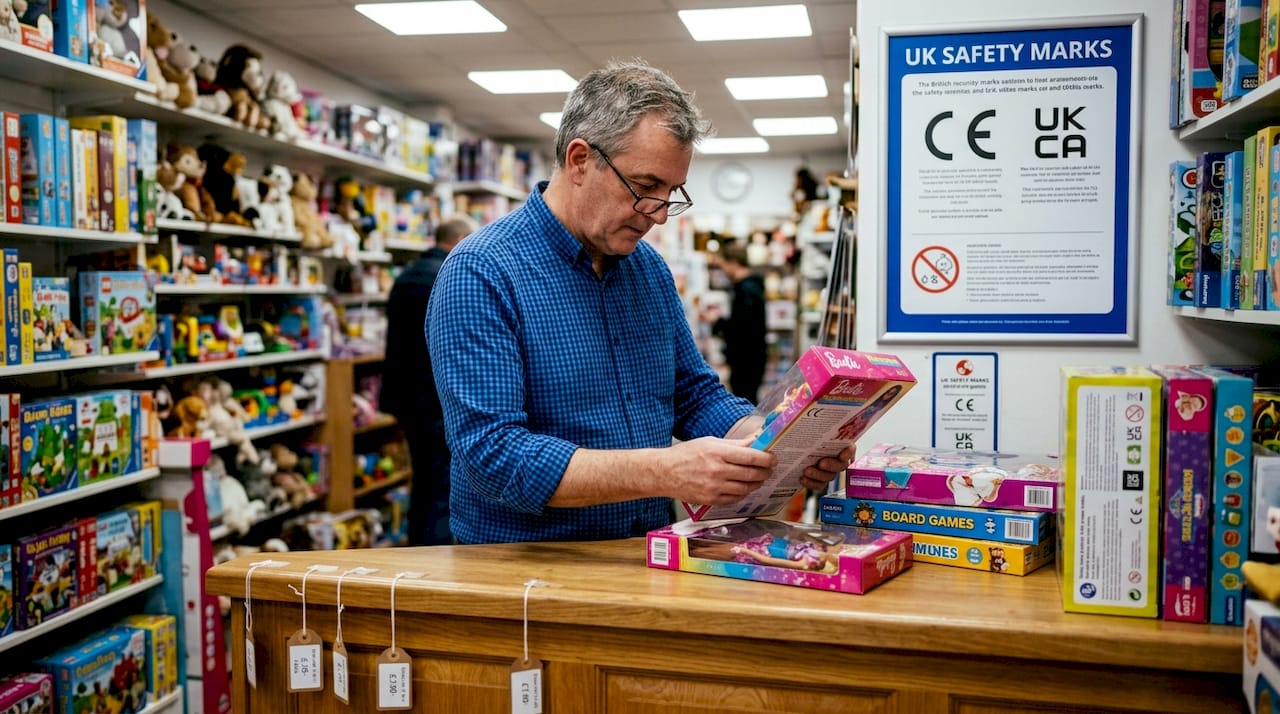 Retailer checking safety labels on toys