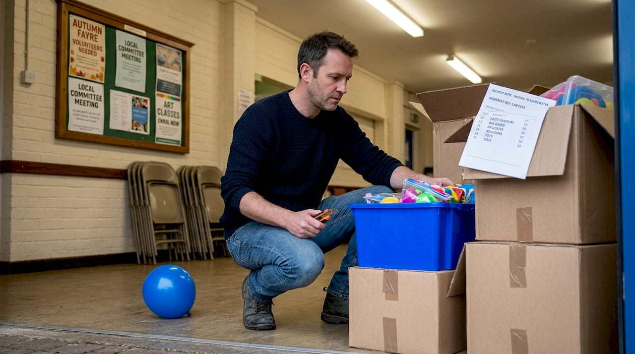 Event organiser unpacking boxes of party toys