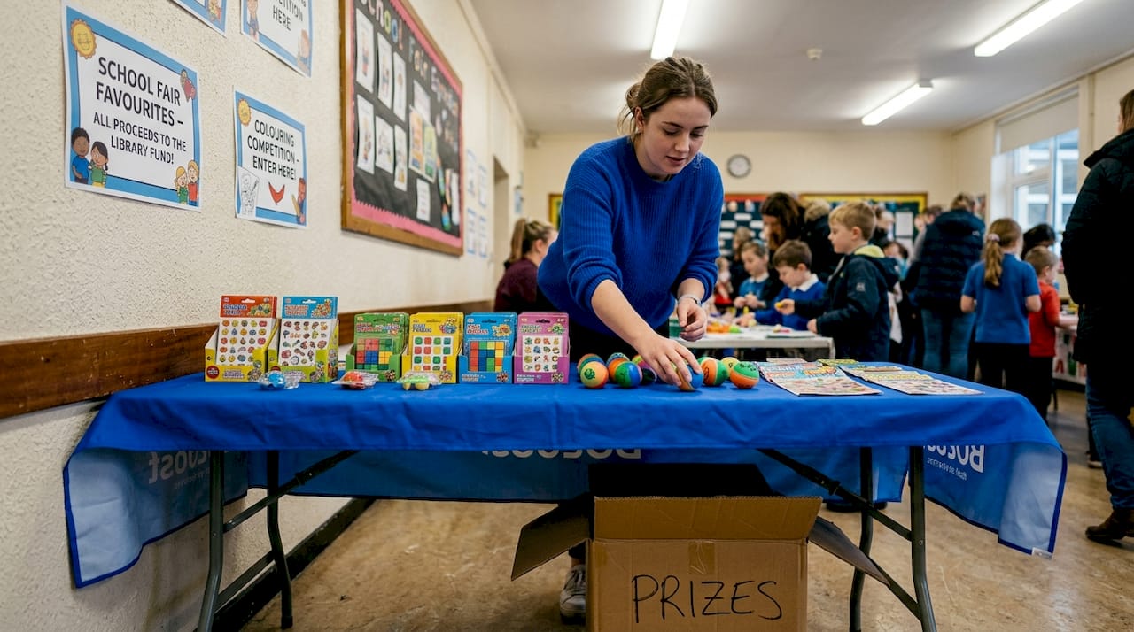Woman arranging novelty prizes at school event table