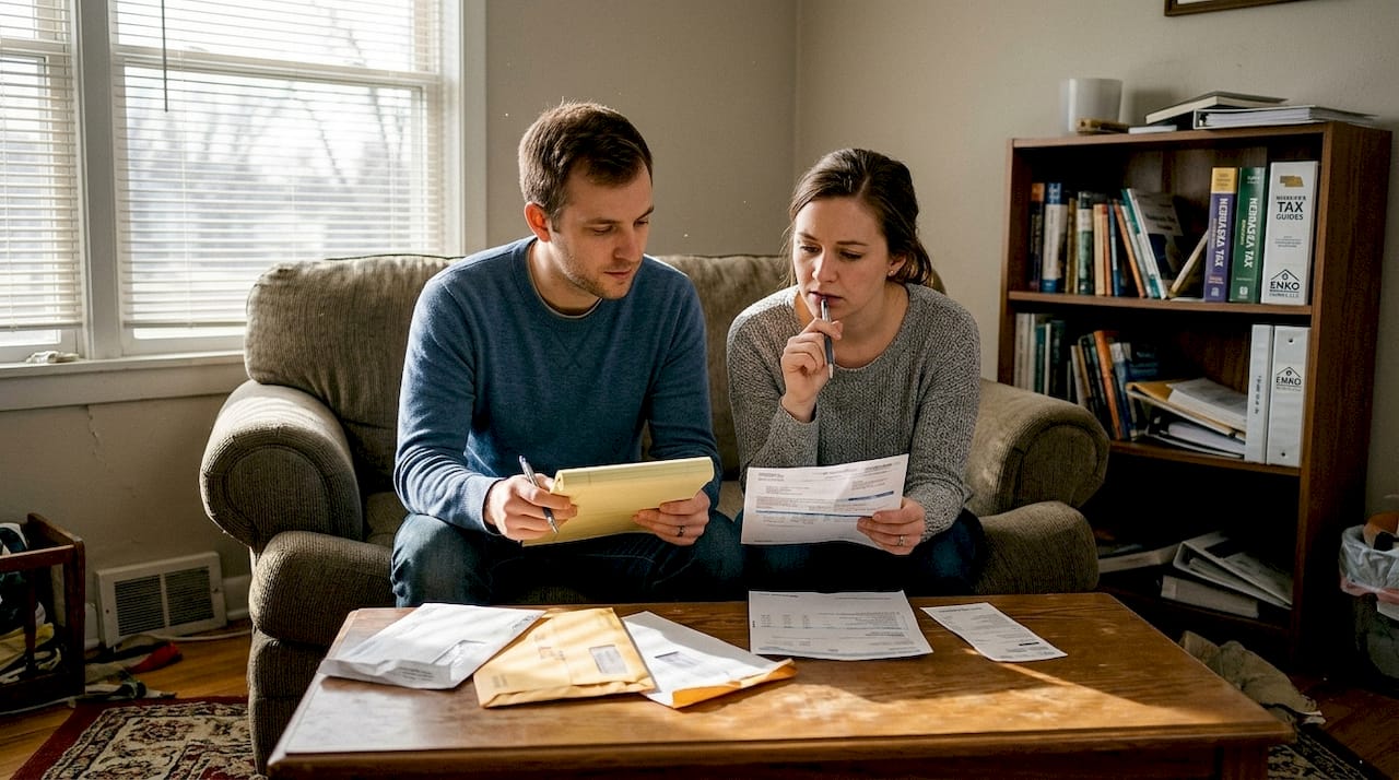 Couple reviewing financial risks in home