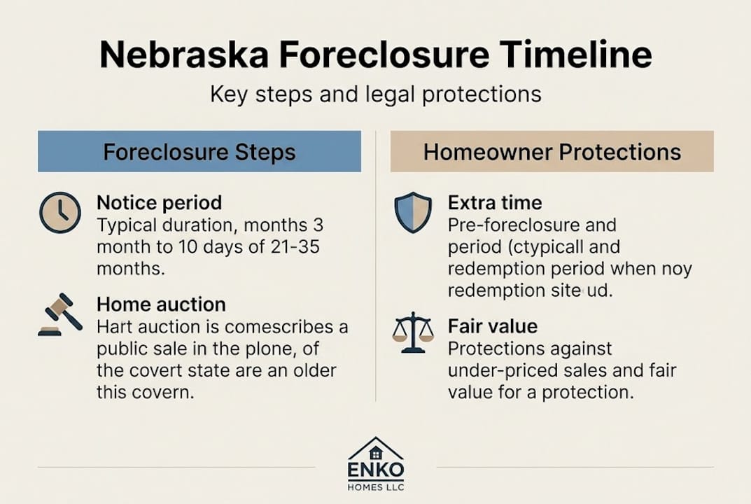 Infographic showing Nebraska foreclosure timeline and protections