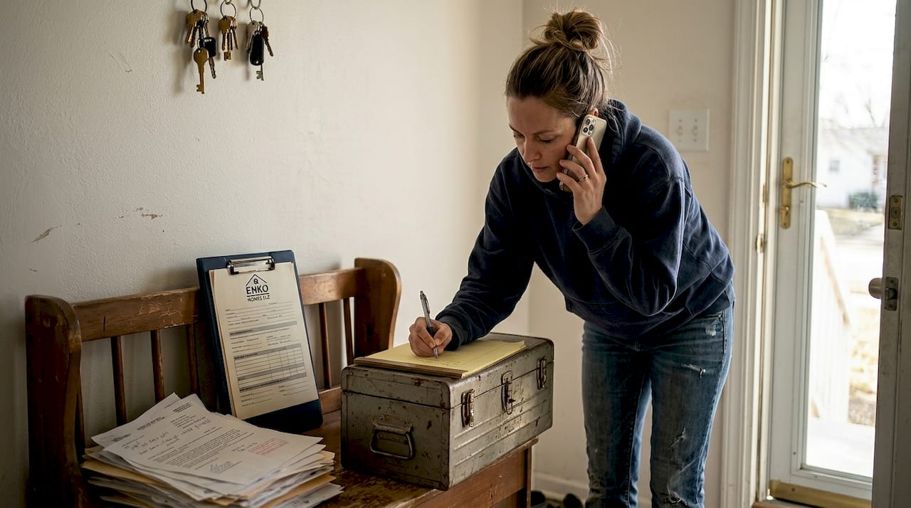 Landlord juggling repair calls in duplex entryway