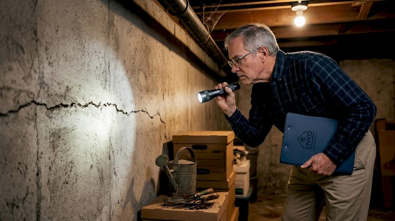 Inspector examining basement foundation crack in Nebraska home