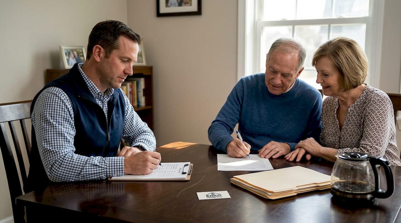 Agent and couple signing home sale papers