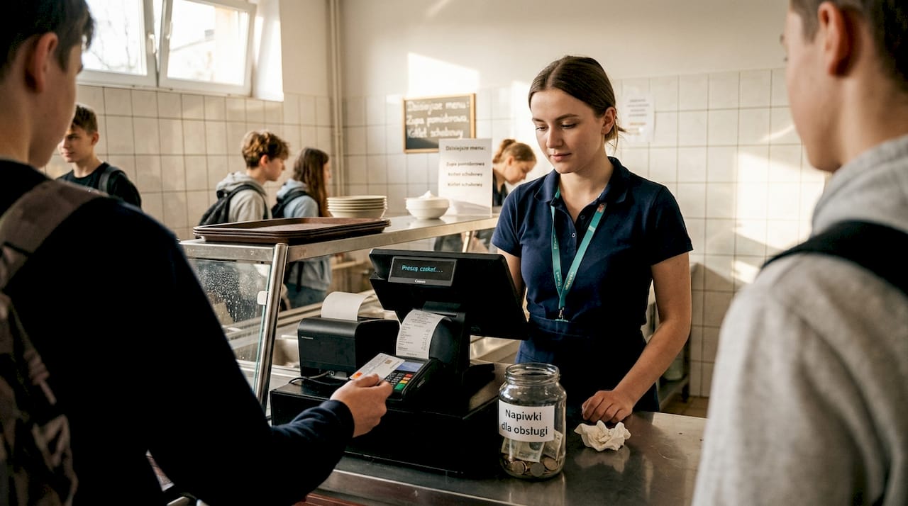 Pracownik obsługuje terminal płatniczy przy ladzie w stołówce.