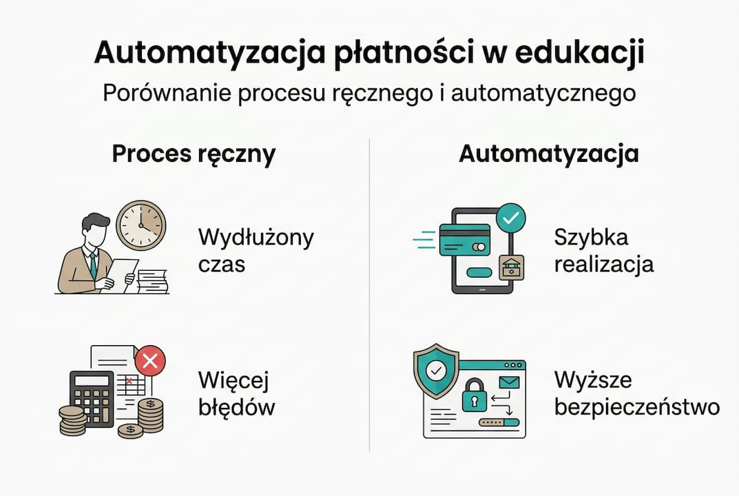 Infografika pokazująca różnice między tradycyjnym a zautomatyzowanym sposobem realizacji płatności