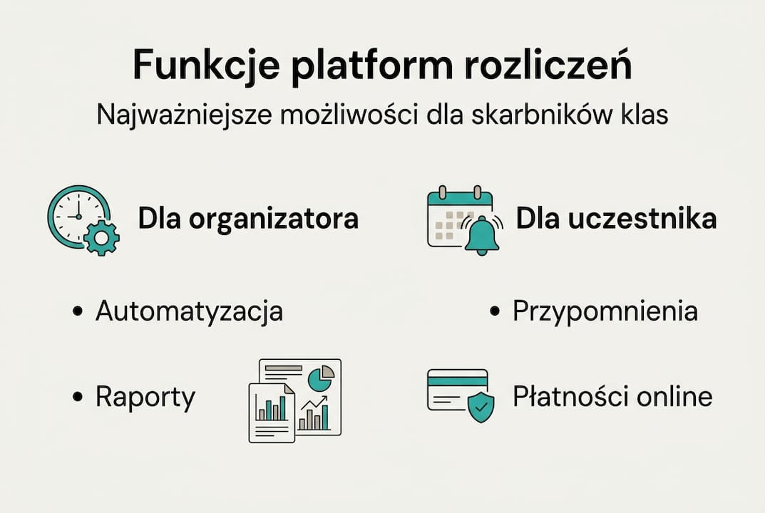 Infografika: najważniejsze możliwości platform dla skarbników klasowych