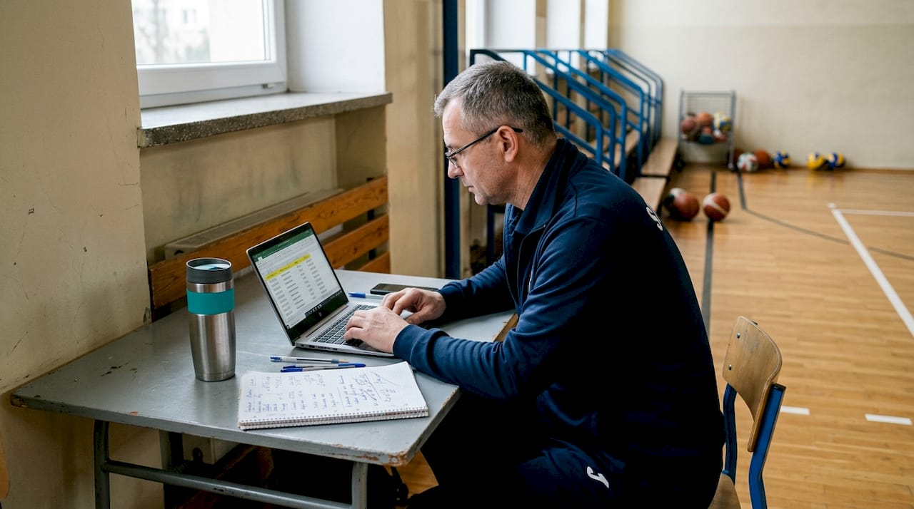 Trener przegląda na laptopie listę wpłat od uczestników grupy.