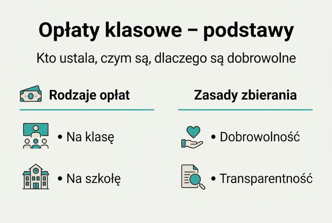 Infografika przedstawiająca rodzaje składek klasowych oraz zasady ich wpłacania