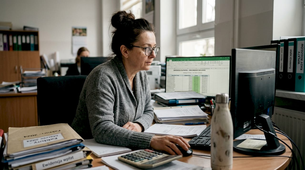 Skarbnik szkolny regularnie sprawdza zapisy dotyczące płatności elektronicznych.