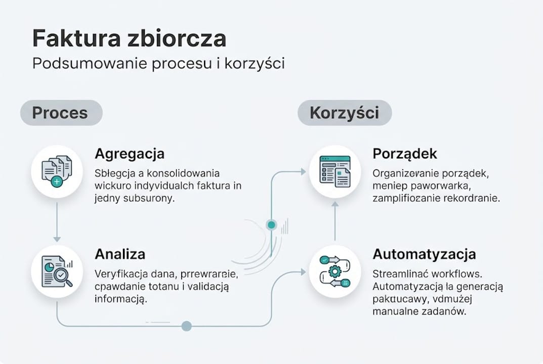Infografika przedstawiająca, jak działa faktura zbiorcza i jakie korzyści niesie jej stosowanie