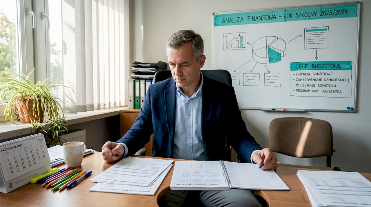Dyrektor przygląda się kondycji finansowej placówki, oceniając jej sytuację i możliwości rozwoju.