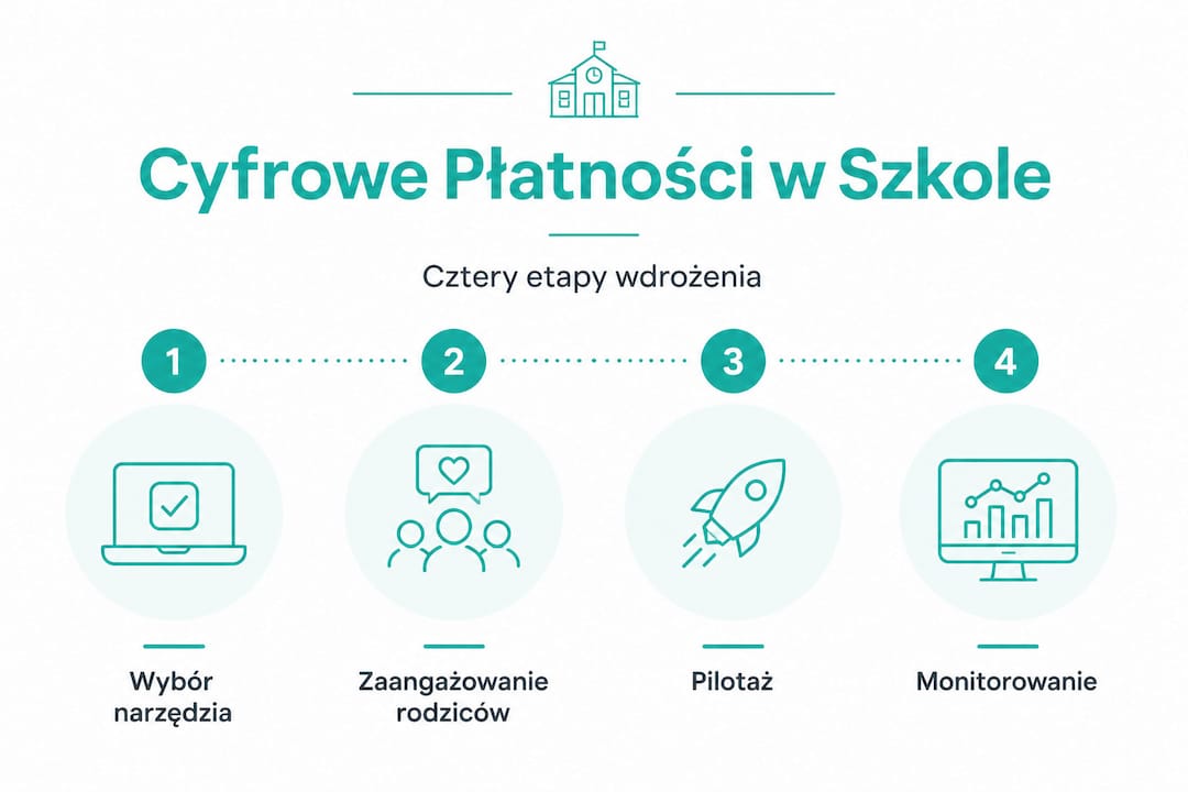 Infografika przedstawiająca cztery etapy cyfryzacji opłat szkolnych