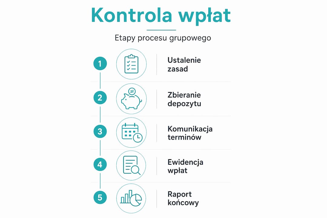 Grafika przedstawiająca kolejne kroki w procesie weryfikacji wpłat zbiorowych