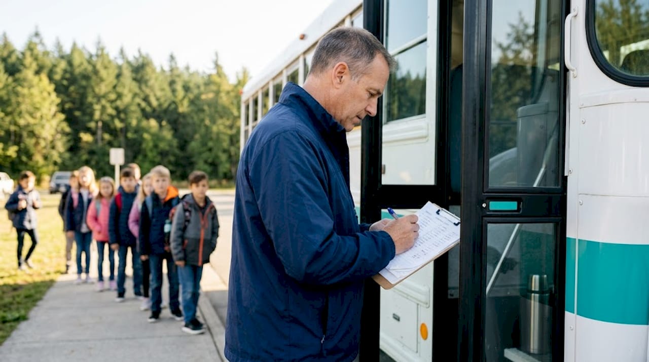 Rano nauczyciel sprawdza obecność uczniów wsiadających do autobusu szkolnego.