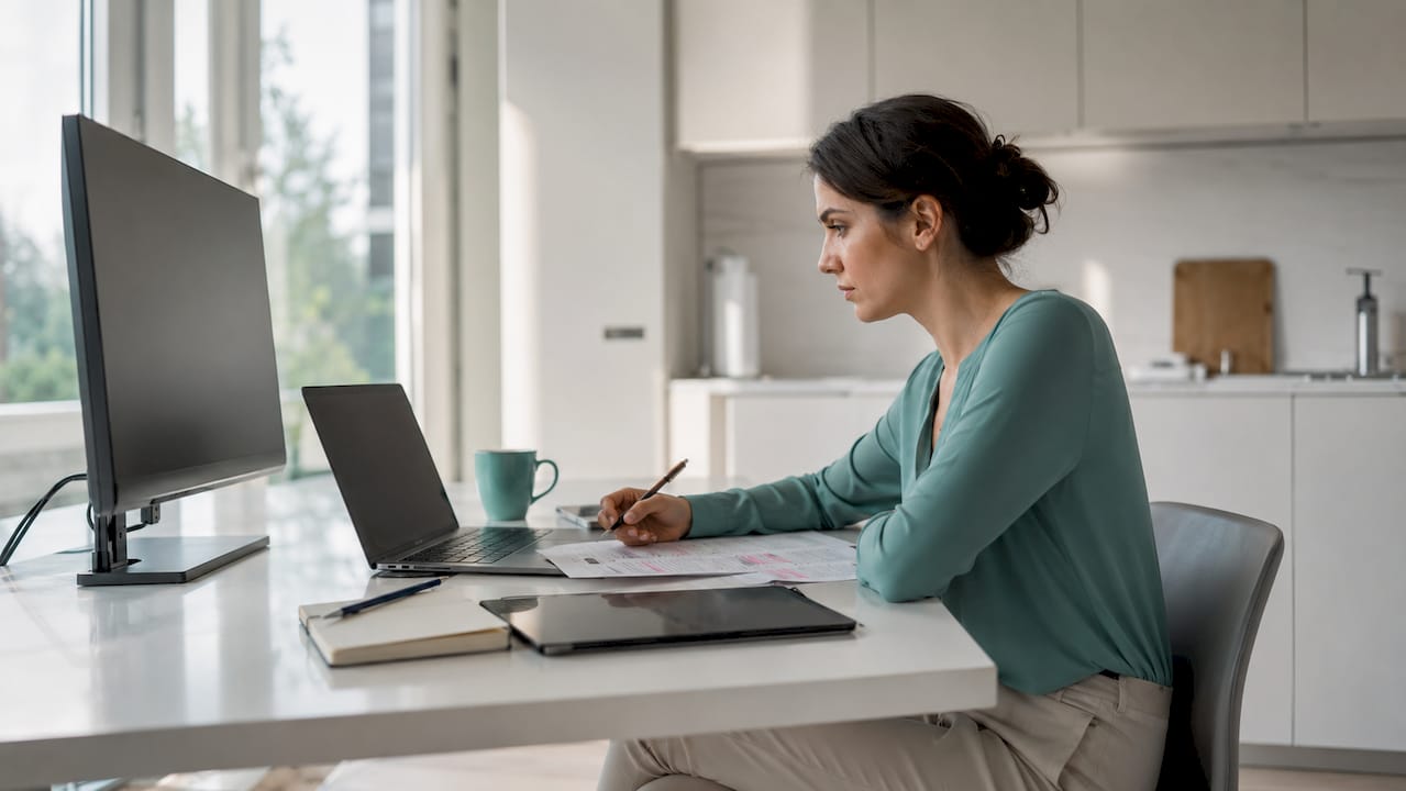 Kobieta pracuje nad rozliczeniami na swoim laptopie w przestrzeni coworkingowej.