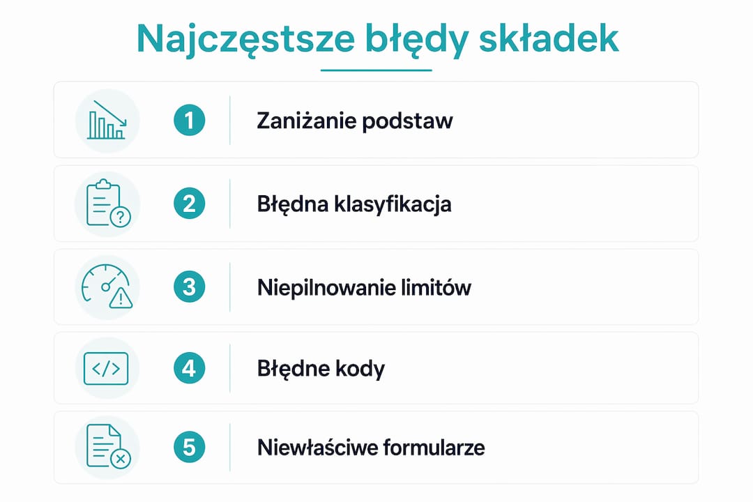 Grafika pokazująca najczęściej popełniane błędy przy rozliczaniu składek.