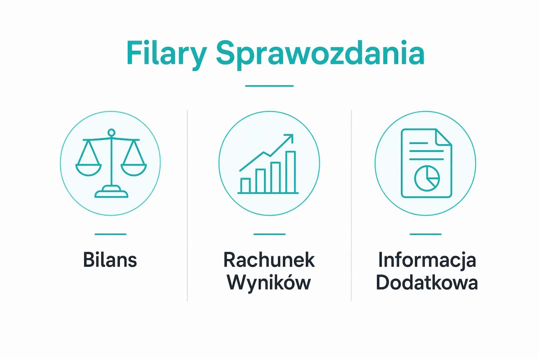 Grafika prezentująca trzy kluczowe elementy sprawozdań finansowych szkoły
