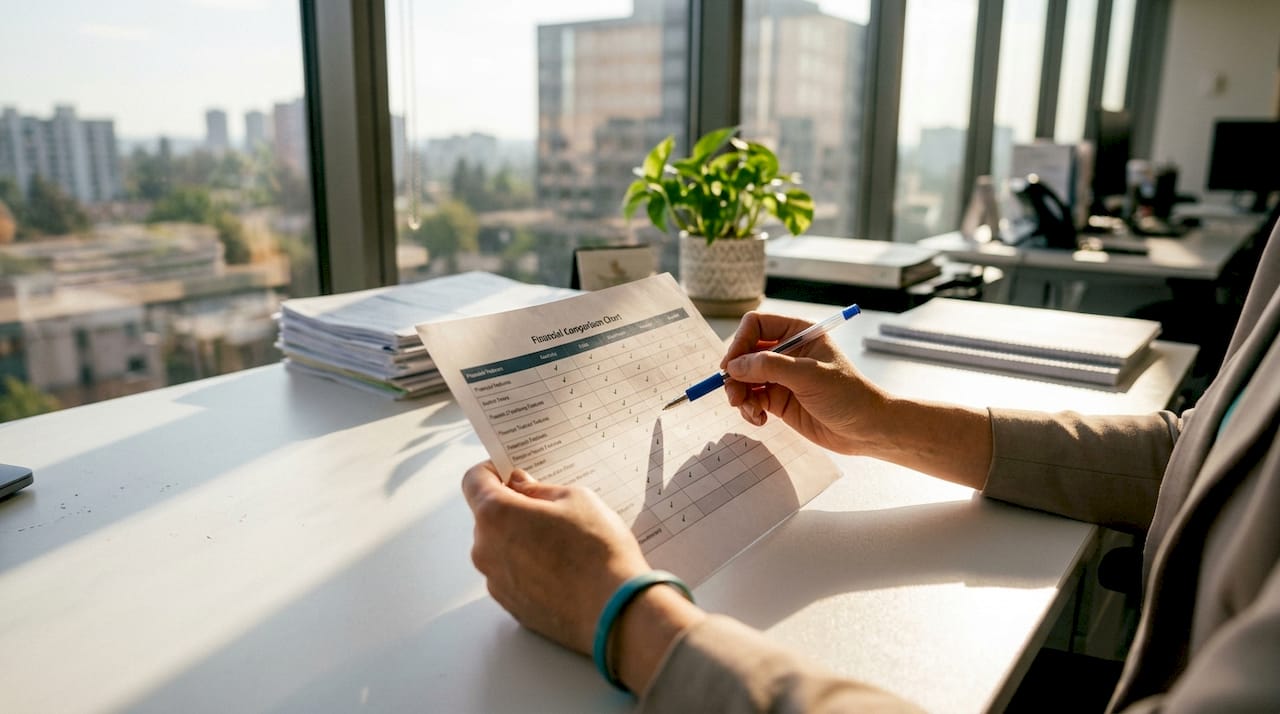 Ręce wskazujące na dokument z kryteriami wyboru narzędzi finansowych
