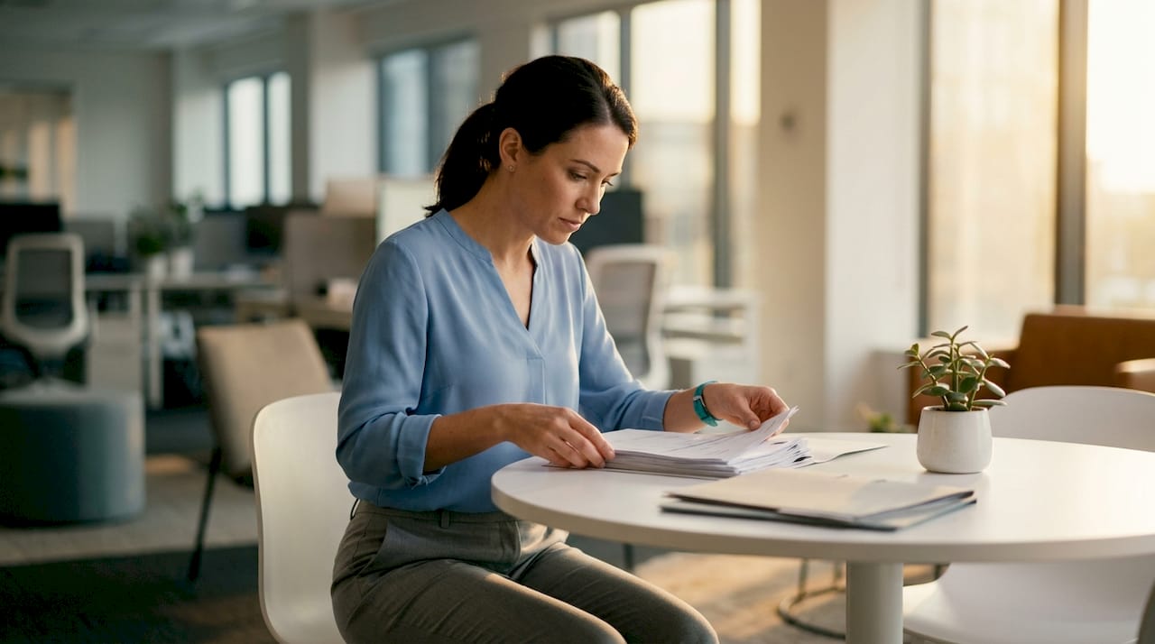 Kobieta przegląda stos faktur podczas spotkania przy stole.