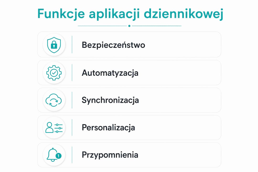 Infografika pokazująca najważniejsze możliwości aplikacji do prowadzenia dziennika