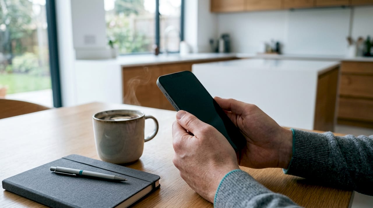 Osoba przeglądająca telefon przy stoliku w kawiarni