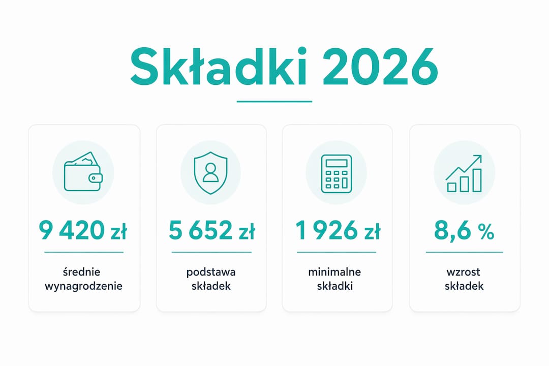 Infografika przedstawiająca najważniejsze dane dotyczące wysokości składek na rok 2026