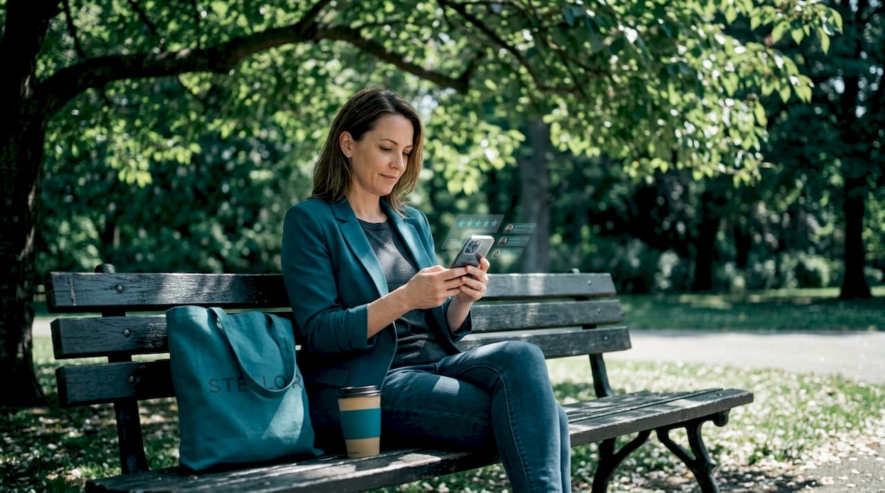 Woman reading online reviews on smartphone in park