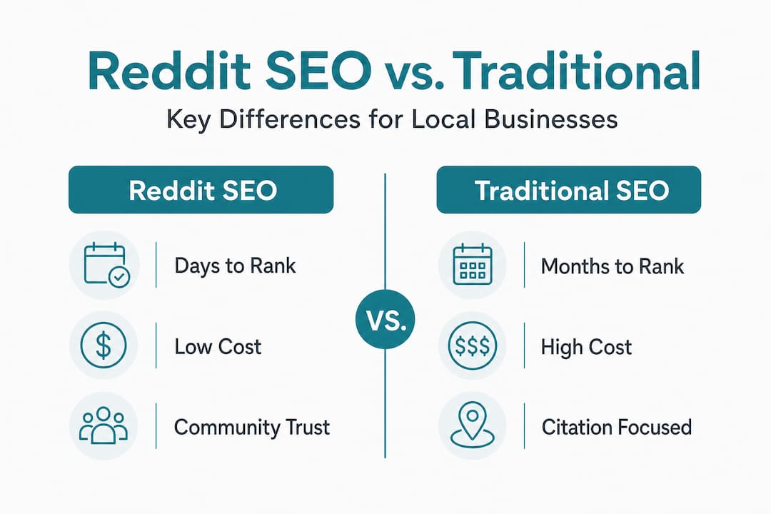 Infographic comparing Reddit SEO and traditional local SEO