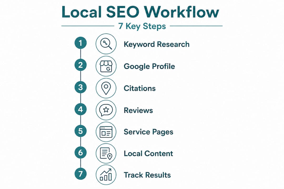 Infographic showing seven steps of a local SEO strategy workflow