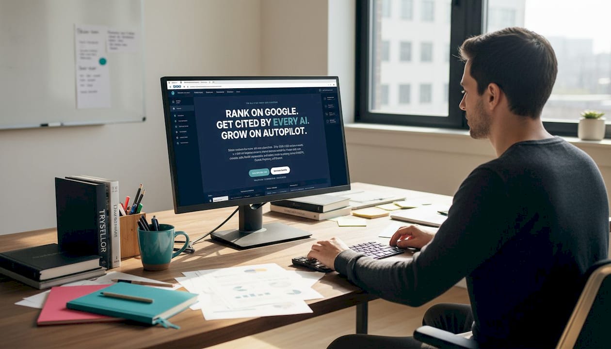 Business owner uses SEO dashboard in sunlit office